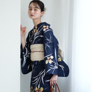 浴衣 レディース セット ニコアンティーク 高級変わり織 フリーサイズ 浴衣3点セット 紺地に菖蒲とつばめ ゆかた・帯・下駄 レトロ 紺 ネイビー