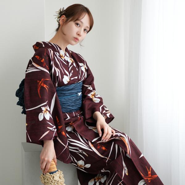 浴衣 レディース セット ニコアンティーク 高級変わり織 浴衣3点セット えんじに菖蒲とつばめ フリ...