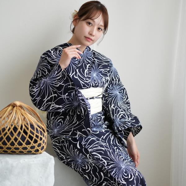 浴衣 レディース セット 高級変わり織 浴衣3点セット 紺地に広がる糸菊 コットン100％ フリーサ...
