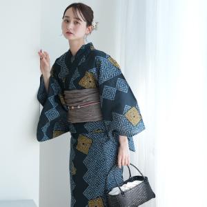 浴衣 レディース セット utatane 高級変わり織 浴衣3点セット ローケツ染め風 鉄紺の片寄せ 浴衣セット（ゆかた・帯・下駄）上質 うたたね ●