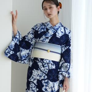 浴衣 レディース セット 特選 京鹿の子絞り・有松染め 伝統工芸士・清江和雄 朝顔 utatane 浴衣 3点セット フリーサイズ 本染め 浴衣・帯・下駄 半幅帯 紺 ●