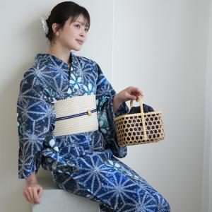 浴衣 レディース セット utatane 有松絞り 浴衣3点セット 藍花麻 フリーサイズ 伝統工芸 本染め コットン100％ 浴衣・帯・下駄付き 紺 青