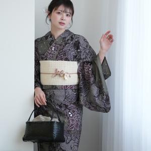 浴衣 レディース セット utatane 有松絞り 浴衣3点セット 宵に唐獅子 フリーサイズ 伝統工芸 本染め 浴衣・帯・下駄 グレイッシュカーキ 紫 ●