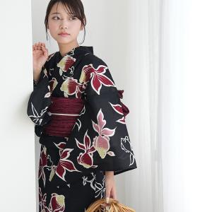 浴衣 レディース セット utatane 浴衣 3点セット 高級変わり織 黒地に紅色のたゆたう金魚 フリーサイズ 浴衣・帯・下駄付き 黒 兵児帯 ●