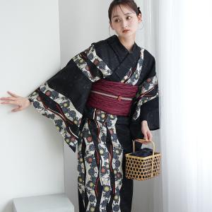 浴衣 レディース セット utatane 浴衣 3点セット 高級変わり織 ブラックに片寄せ菊よろけ縞 フリーサイズ 浴衣・帯・下駄付き 黒 兵児帯