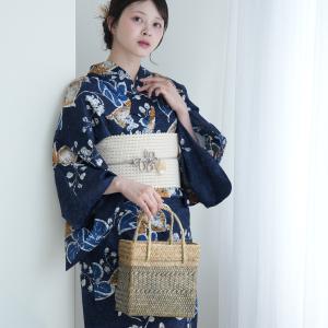 浴衣 レディース セット utatane 浴衣 3点セット 高級変わり織 葡萄葉の月の雫・ローケツ風 フリーサイズ 国内染色 浴衣・帯・下駄 紺 ●