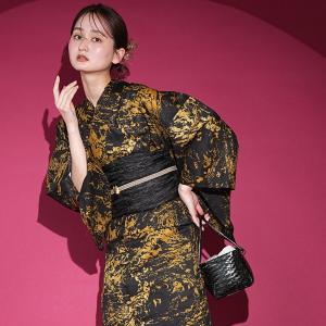 浴衣 レディース セット ニコアンティーク 浴衣 3点セット 高級変わり織 漆黒に金砂の墨流し フリーサイズ 浴衣・帯・下駄付き 黒 モード 兵児帯 ●