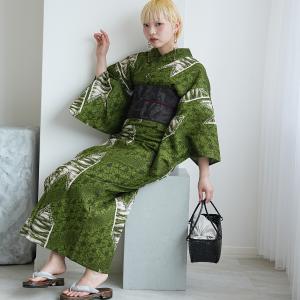 浴衣 レディース セット ニコアンティーク 浴衣 3点セット 高級変わり織 片寄せのモス・エコー フリーサイズ 浴衣・帯・下駄付き 緑 半幅帯 ●