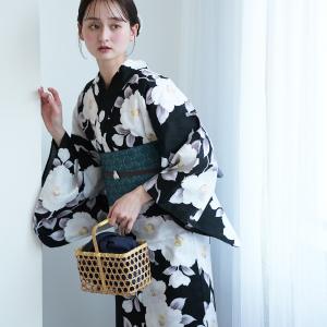 浴衣 レディース セット 高級変わり織 浴衣3点セット 黒地に透きとおる椿 フリーサイズ コットン100％ 綿 黒 古典レトロ 浴衣・帯・下駄付き ●