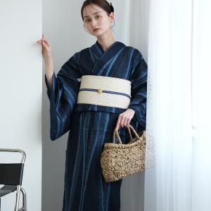 浴衣 レディース セット 高級変わり織 浴衣3点セット 粋モダン 紺地によろけ流し フリーサイズ コットン100％ 都会的シック 浴衣・帯・下駄付き
