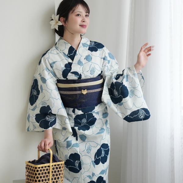 浴衣 レディース セット utatane 綿麻 高級変わり織 浴衣3点セット 敷き詰められた鉄紺の椿...