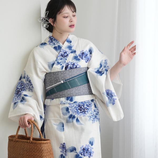 浴衣 レディース セット utatane 綿麻 高級変わり織 浴衣3点セット ブルーの滲み紫陽花 フ...