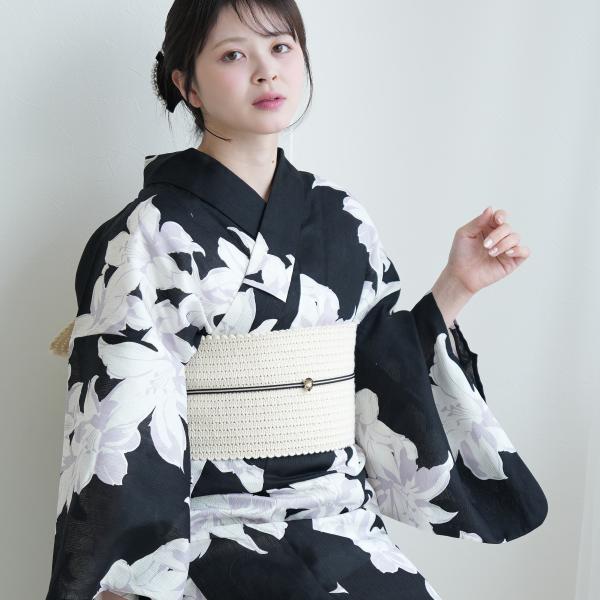 浴衣 レディース セット utatane 綿麻 高級変わり織 浴衣3点セット 黒地におおきな百合 フ...