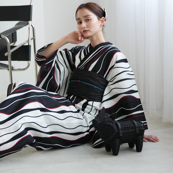 浴衣 レディース セット utatane 綿麻 高級変わり織 浴衣3点セット 片寄せモダンブラックの...