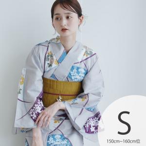 浴衣 レディース セット Sサイズ utatane 高級変わり織 浴衣3点セット グレーに露芝紋の古典花 浴衣/帯/下駄 小さい 低身長 グレー