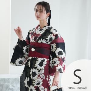 浴衣 レディース セット Sサイズ ニコアンティーク 高級変わり織 浴衣3点セット 黒とえんじの染分けひまわり 浴衣/帯/下駄 小さい 低身長 赤 黒 ●