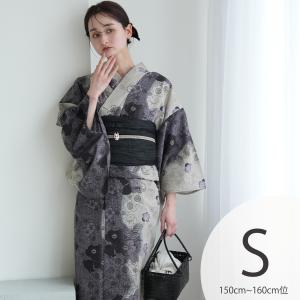 浴衣 レディース セット Sサイズ utatane 浴衣 3点セット 高級変わり織 ブラックアッシュの染分け梅つばき 浴衣・帯・下駄付き 小さい 低身長 紫 ●