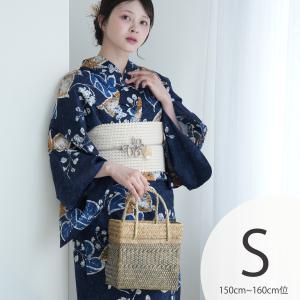 浴衣 レディース セット Sサイズ utatane 浴衣 3点セット 高級変わり織 葡萄葉の月の雫・ローケツ風 浴衣・帯・下駄 小さい 低身長 紺 ●