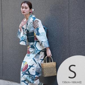 浴衣 レディース セット Sサイズ utatane 浴衣 3点セット 高級変わり織 ターコイズ籠目とモダン渦巻 浴衣・帯・下駄 小さい 低身長 ●