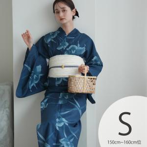 浴衣 レディース セット Sサイズ utatane 浴衣 3点セット 高級変わり織 鉄紺に滲むカトレア 浴衣・帯・下駄 小さい 低身長 紺 兵児帯 ●