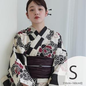 浴衣 レディース セット Sサイズ utatane 浴衣 3点セット 高級変わり織 モノクロ麻の葉市松染め分け牡丹 浴衣・帯・下駄 小さい 低身長 黒 兵児帯 ●