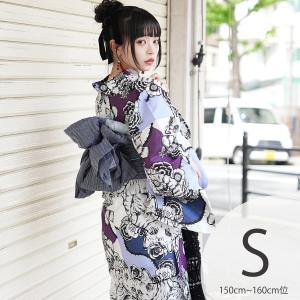 浴衣 レディース セット Sサイズ ニコアンティーク×せきやゆりえ コラボ 浴衣3点セット Bestie Cats ブルー＆パープル 浴衣・帯・下駄 小さい 低身長 ●