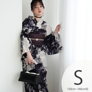 浴衣 レディース セット Sサイズ ニコアンティーク 浴衣 3点セット 高級変わり織 芭蕉の白日夢・パープル 浴衣・帯・下駄 小さい 低身長 黒 紫 ●