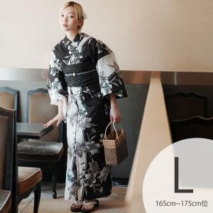 浴衣 レディース セット トールサイズ utatane 浴衣 3点セット 高級変わり織 白と黒の染め分けに百合 浴衣・帯・下駄付き 高身長 大きい 裄丈長め 黒 兵児帯
