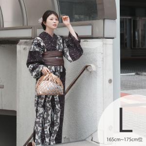 浴衣 レディース セット トールサイズ utatane 浴衣 3点セット 高級変わり織 焦げ鳶色に片寄せ菊よろけ縞 Lサイズ 浴衣・帯・下駄 高身長 大きい 茶系