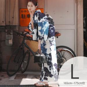 浴衣 レディース セット トールサイズ utatane 高級変わり織 浴衣3点セット 藍の静寂・大輪更紗 トール Lサイズ 浴衣・帯・下駄 高身長 大きい 裄長め 紺