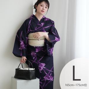 浴衣 レディース セット トールサイズ utatane 高級変わり織 浴衣3点セット 深紺に浮かぶ紫のカトレア Lサイズ 浴衣・帯・下駄 高身長 大きい 裄長め 紺 紫 ●