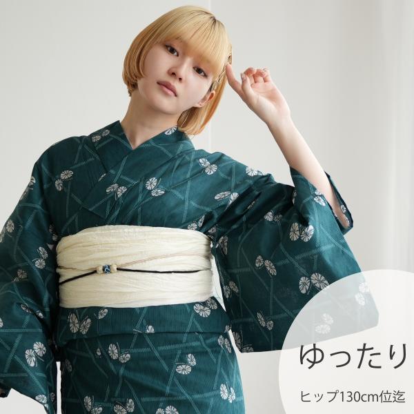 浴衣 レディース セット ニコアンティーク 浴衣3点セット 碧にかごめ絞り柄の紋白蝶 ゆったりサイズ...