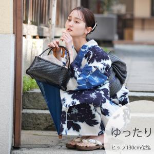 浴衣 レディース セット 3L utatane 高級変わり織 浴衣3点セット 藍の静寂・大輪更紗 国内染色 浴衣・帯・下駄 ゆったり 大きい 広幅 紺 ●