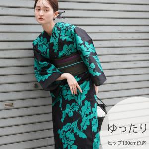 浴衣 レディース セット 3L utatane 浴衣 3点セット 高級変わり織 黒地にターコイズの大胆な花 浴衣・帯・下駄 ゆったり 大きい 広幅 黒 青緑 半幅帯 ●