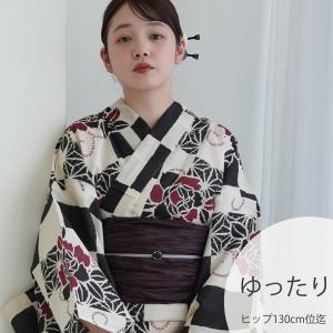 浴衣 レディース セット 3L utatane 浴衣 3点セット 高級変わり織 モノクロ麻の葉市松染め分け牡丹 浴衣・帯・下駄付き ゆったり 大きい 広幅 黒 兵児帯 ●