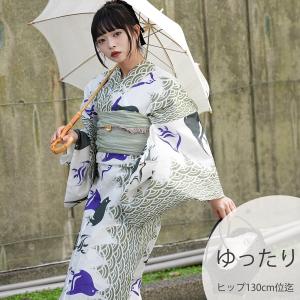 浴衣 レディース セット 3L ニコアンティーク 浴衣 3点セット 高級変わり織 片寄せオリーブ千鳥 浴衣・帯・下駄付き ゆったり 大きい 広幅 兵児帯 ●