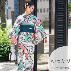 浴衣 レディース セット 3L ニコアンティーク×せきやゆりえ コラボ 浴衣3点セット Bestie Cats ピンク＆グリーン 浴衣・帯・下駄 ゆったり 大きい 広幅 ●