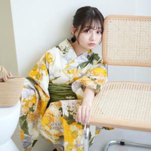 浴衣 レディース セット（二部式浴衣 帯 下駄） utatane セパレート 着付け 簡単 古典柄 レトロ 大正ロマン 花 高級変わり織 イエローの咲きこぼれる花｜浴衣通販 utatane