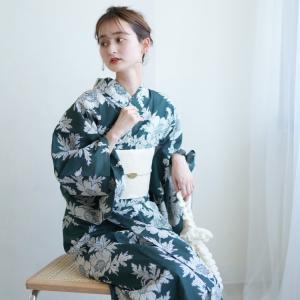 浴衣 レディース セット（二部式浴衣 帯 下駄） utatane セパレート 着付け 簡単 古典柄 レトロ 大正ロマン 花 紺系 高級変わり織 渋緑にアネモネ｜浴衣通販 utatane