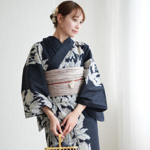 浴衣 レディース セット utatane セパレート 高級変わり織 二部式浴衣3点セット 粋紺市松にチューリップ フリーサイズ 浴衣セット（ゆかた上下・帯・下駄）