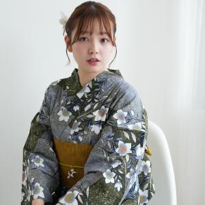 浴衣 レディース セット utatane セパレート 二部式浴衣3点セット 深緑と薄青の砂よろけに桔梗 フリーサイズ 浴衣セット（ゆかた上下・帯・下駄）レトロ