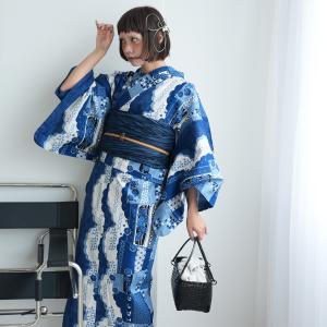 浴衣 レディース セット ニコアンティーク セパレート二部式 3点セット（ゆかた上下・帯・下駄） スカラップ雲取 ブルー フリーサイズ