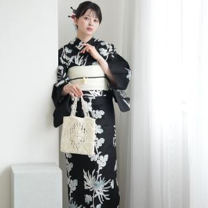 浴衣 レディース セット セパレート 簡単 utatane 二部式 浴衣3点セット 黒地に伸びる菊 フリーサイズ 浴衣（ゆかた上下）・帯・下駄 黒 ●