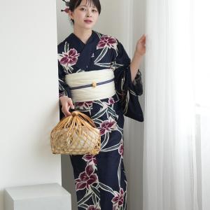 浴衣 レディース セット セパレート 簡単 utatane 二部式 浴衣3点セット 紺地に伸びやかな蘭の花 フリーサイズ 浴衣（ゆかた上下）・帯・下駄 紺 ●