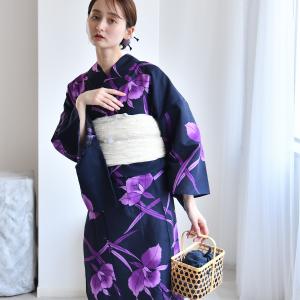 浴衣 レディース セット セパレート 簡単 utatane 二部式 浴衣3点セット 深紺に浮かぶ紫のカトレア フリーサイズ 浴衣（ゆかた上下）・帯・下駄 紺 ネイビー ●
