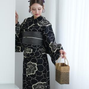 浴衣 レディース セット セパレート 簡単 utatane 二部式 浴衣3点セット ブラックにクリームの敷き詰め牡丹 フリーサイズ ゆかた上下・帯・下駄 黒 ●