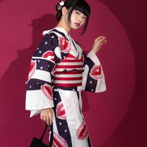 浴衣 レディース セット セパレート 簡単 二部式 ニコアンティーク 浴衣3点セット 片寄サイケデリア・キス レッド フリーサイズ ゆかた上下・帯・下駄 ●