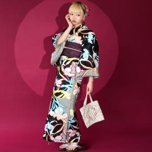 浴衣 レディース セット セパレート 簡単 二部式 ニコアンティーク 浴衣3点セット 菖蒲の染め分けクラック・ブラック フリーサイズ ゆかた上下・帯・下駄 ●