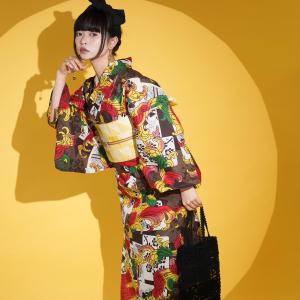 浴衣 レディース セット セパレート 簡単 二部式 ニコアンティーク 浴衣3点セット サイケデリック・アーカイブ フリーサイズ ゆかた上下・帯・下駄 ●