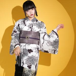 浴衣 レディース セット セパレート 簡単 二部式 ニコアンティーク 浴衣3点セット スカルオーケストラと水色の菊 フリーサイズ ゆかた上下・帯・下駄 ●